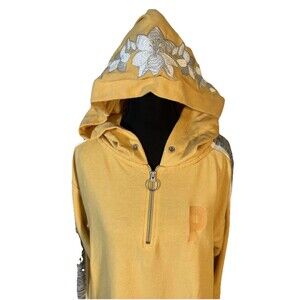 PINK Victoria’s Secret VS Hoodie Mustard Yellow Floral Embroidered Half Zip S